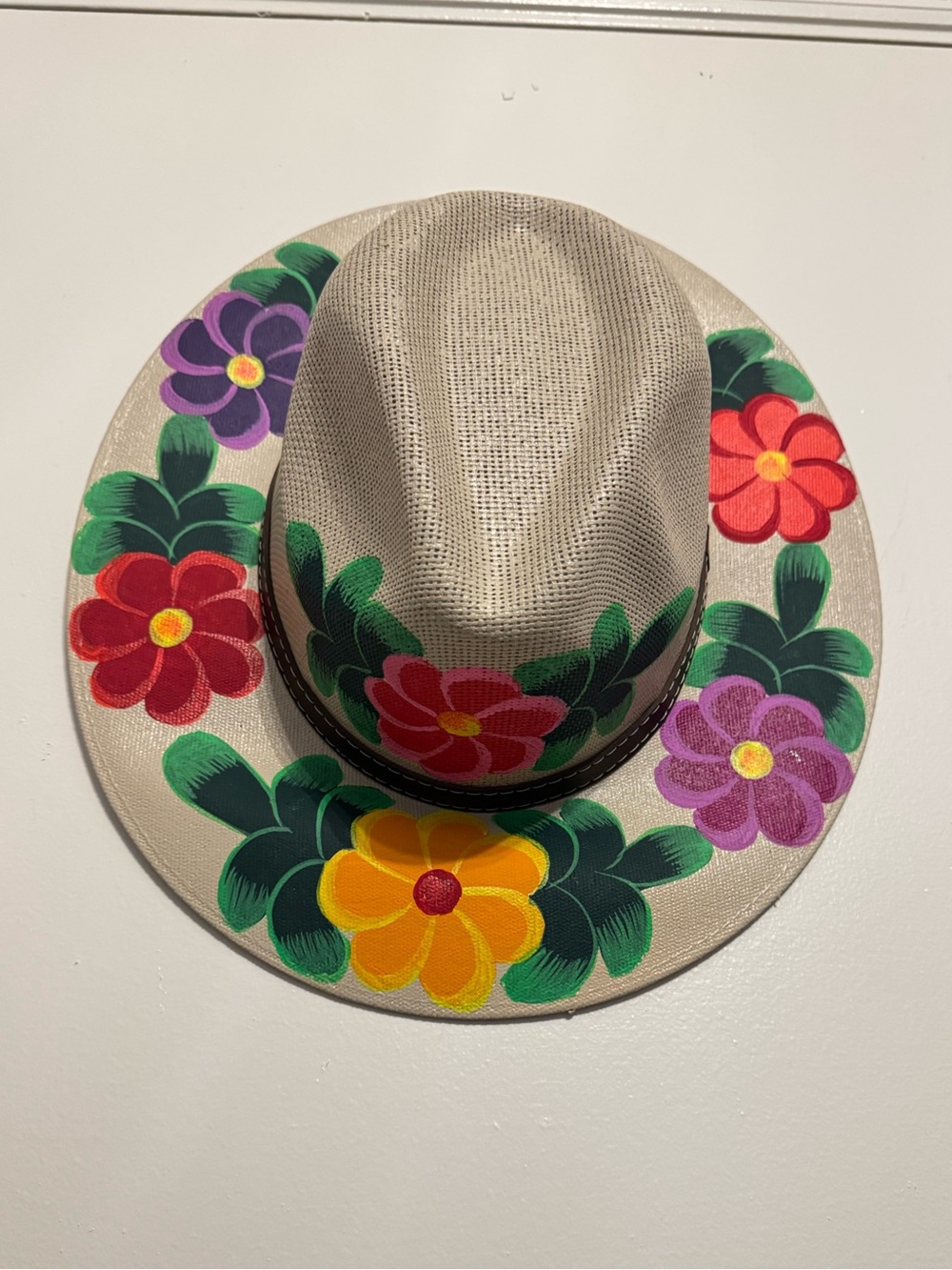 Mexican Artisanal Cream Floral Multi-colored Hand Painted Hat Size L - Picture 2 of 6